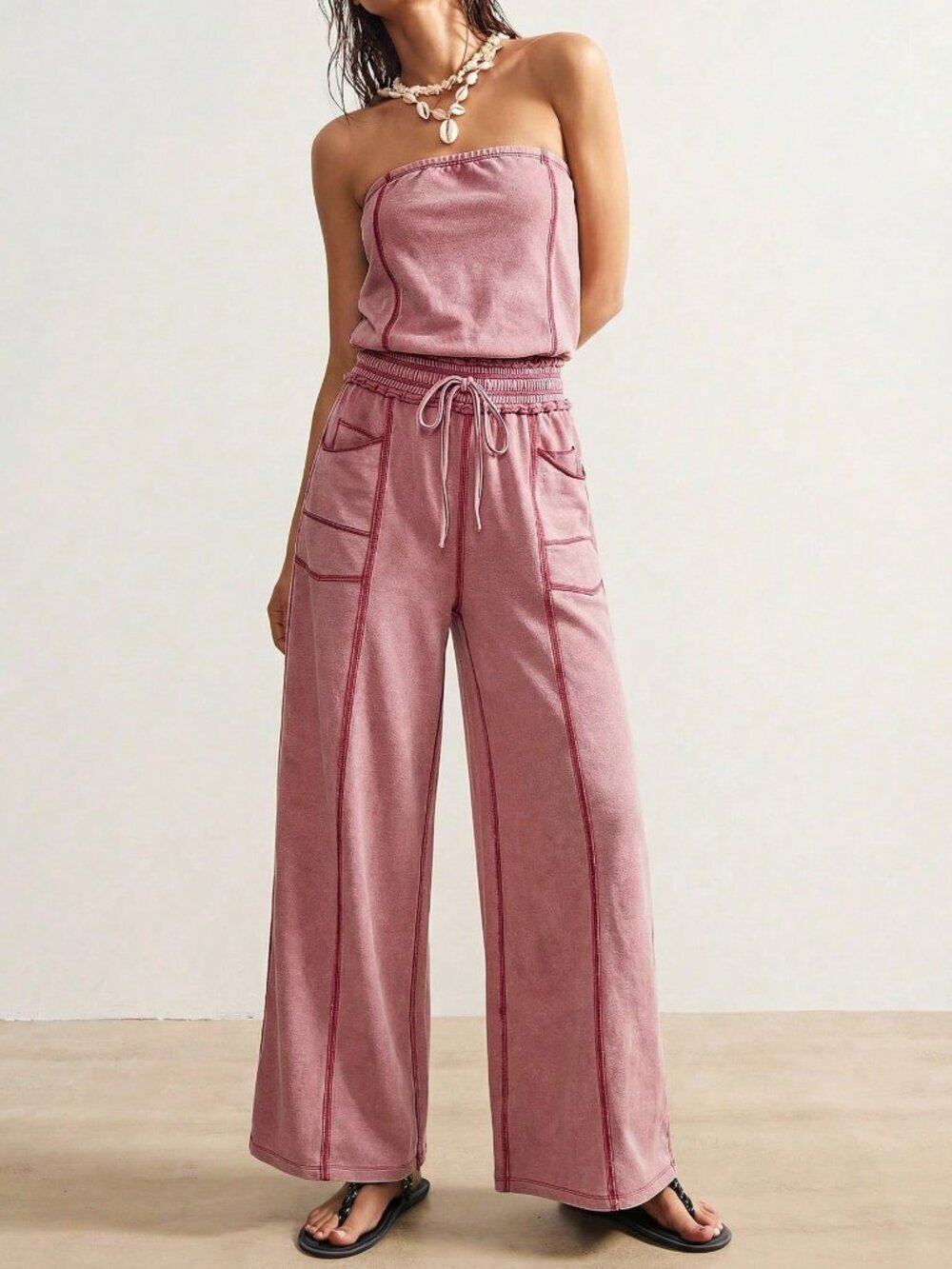 Rust Brown Casual Women's Knitted Strapless Jumpsuit - Picture 5 of 7